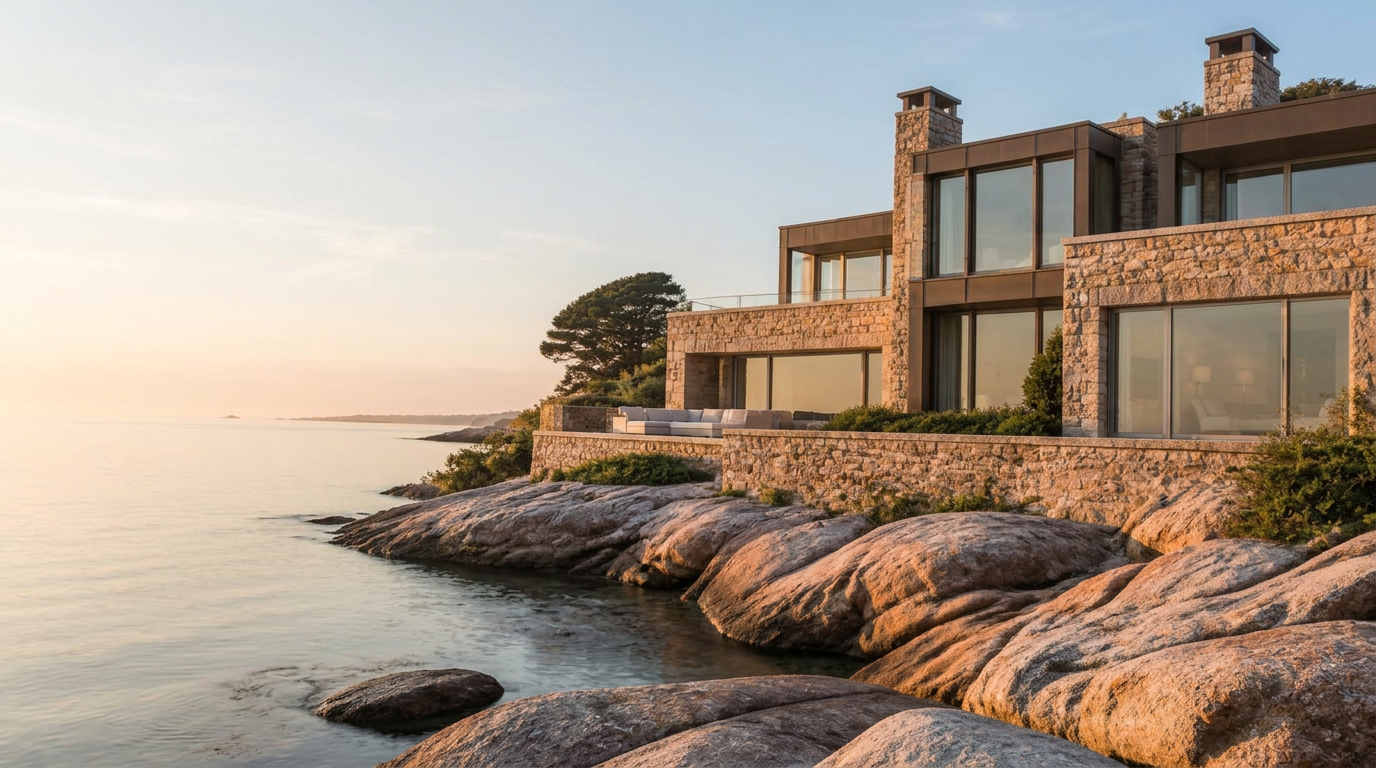 Villa en granit face à la mer, baie de Locquirec, Côte de Granit Rose